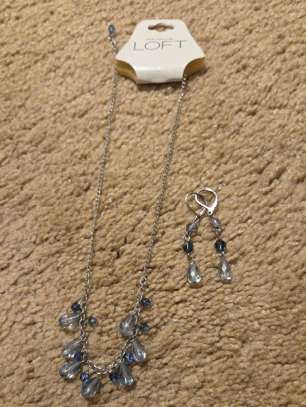 LOFT Silver Necklace and Drop Earrings with Blue and Gray Crystals